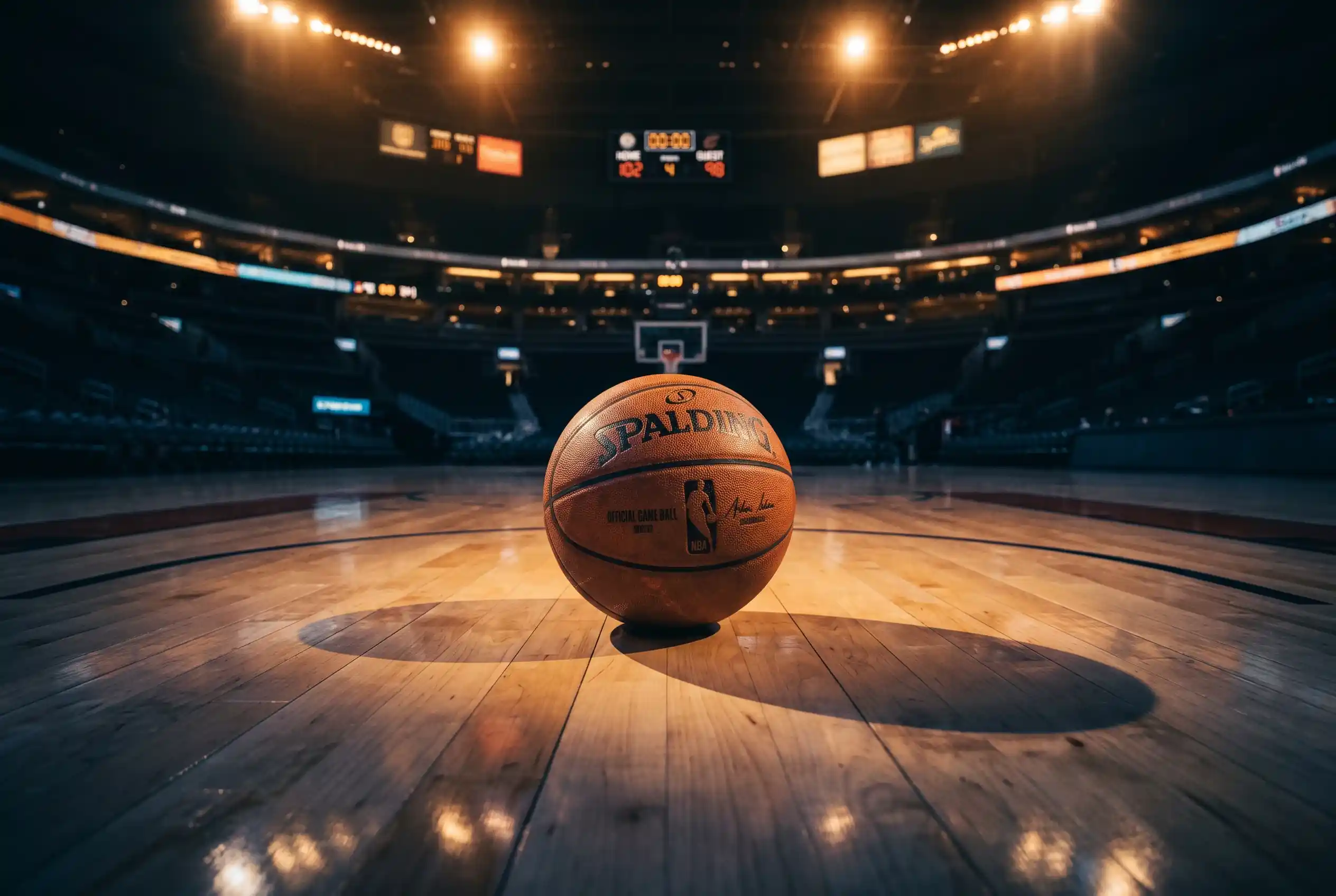 Basketball resting on a hardwood NBA court under arena spotlights with the scoreboard glowing in the background