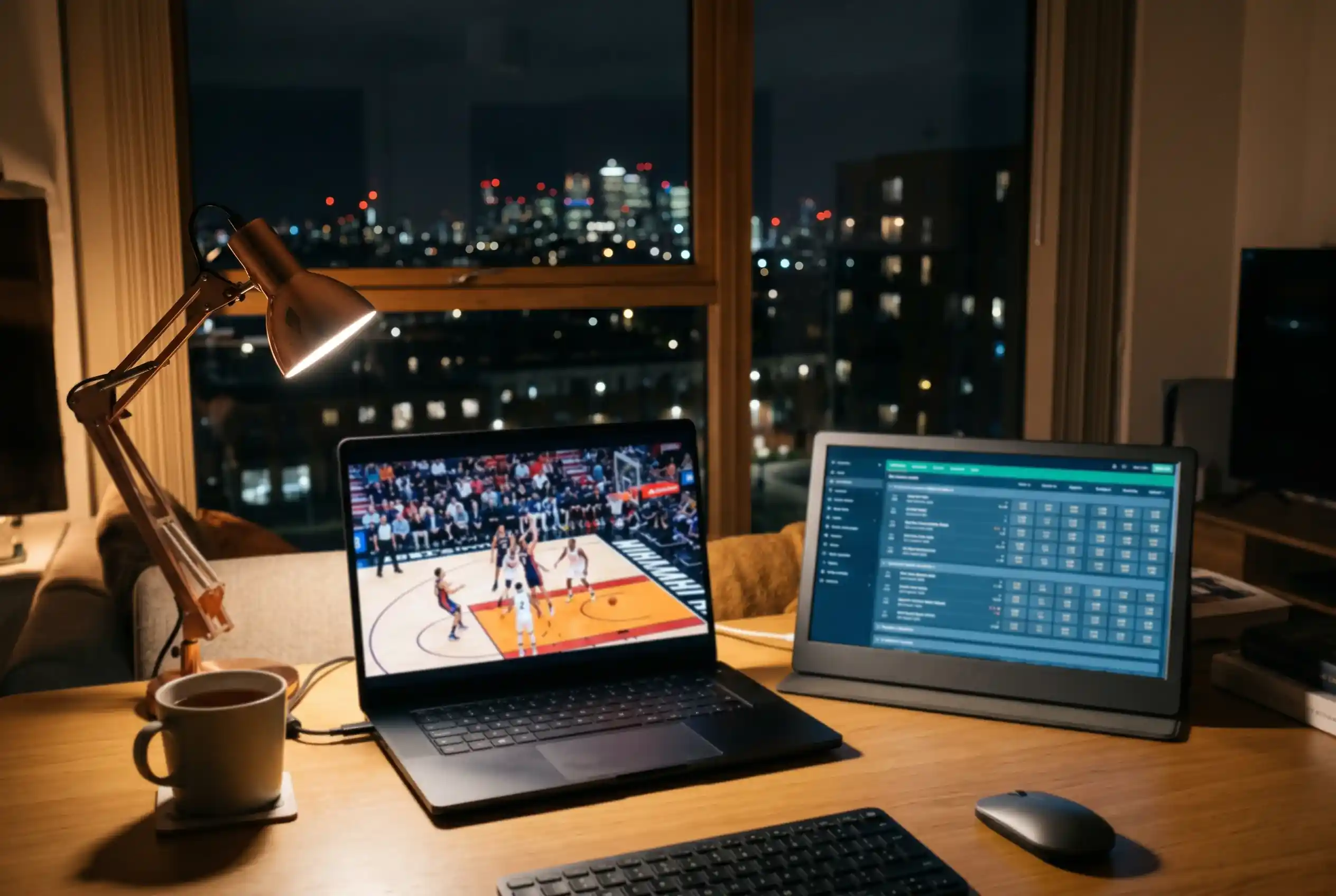 A laptop open on a desk showing NBA basketball game highlights alongside a UK sportsbook interface at night
